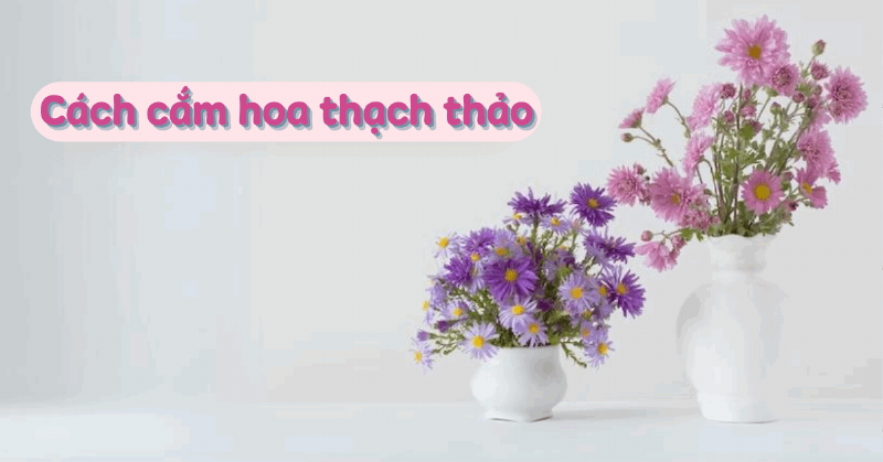 Mau cam hoa cuc tim thach thao ket hop hoa trang va la xanh trong binh thuy tinh thanh lich